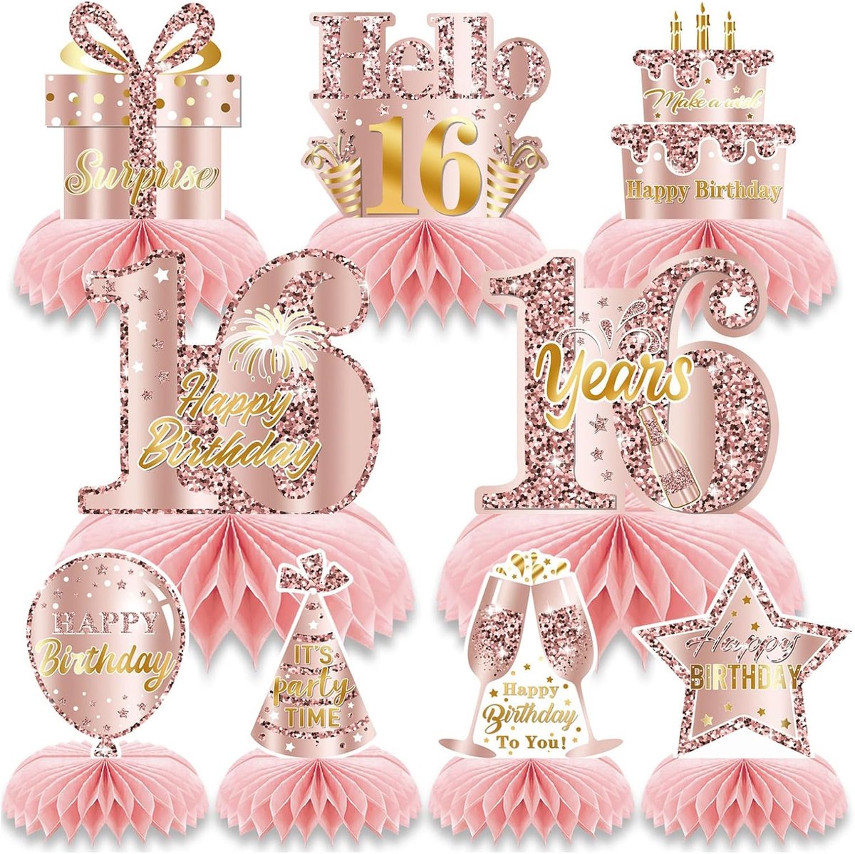 9 Stk Roze Roségoud 16e Verjaardag Wafeltafel Middelstukken Decoratie Voor Meisjes Gelukkige 16e Verjaardag Tafel Deko Feest Accessoires Achttien Jaar Verjaardag T