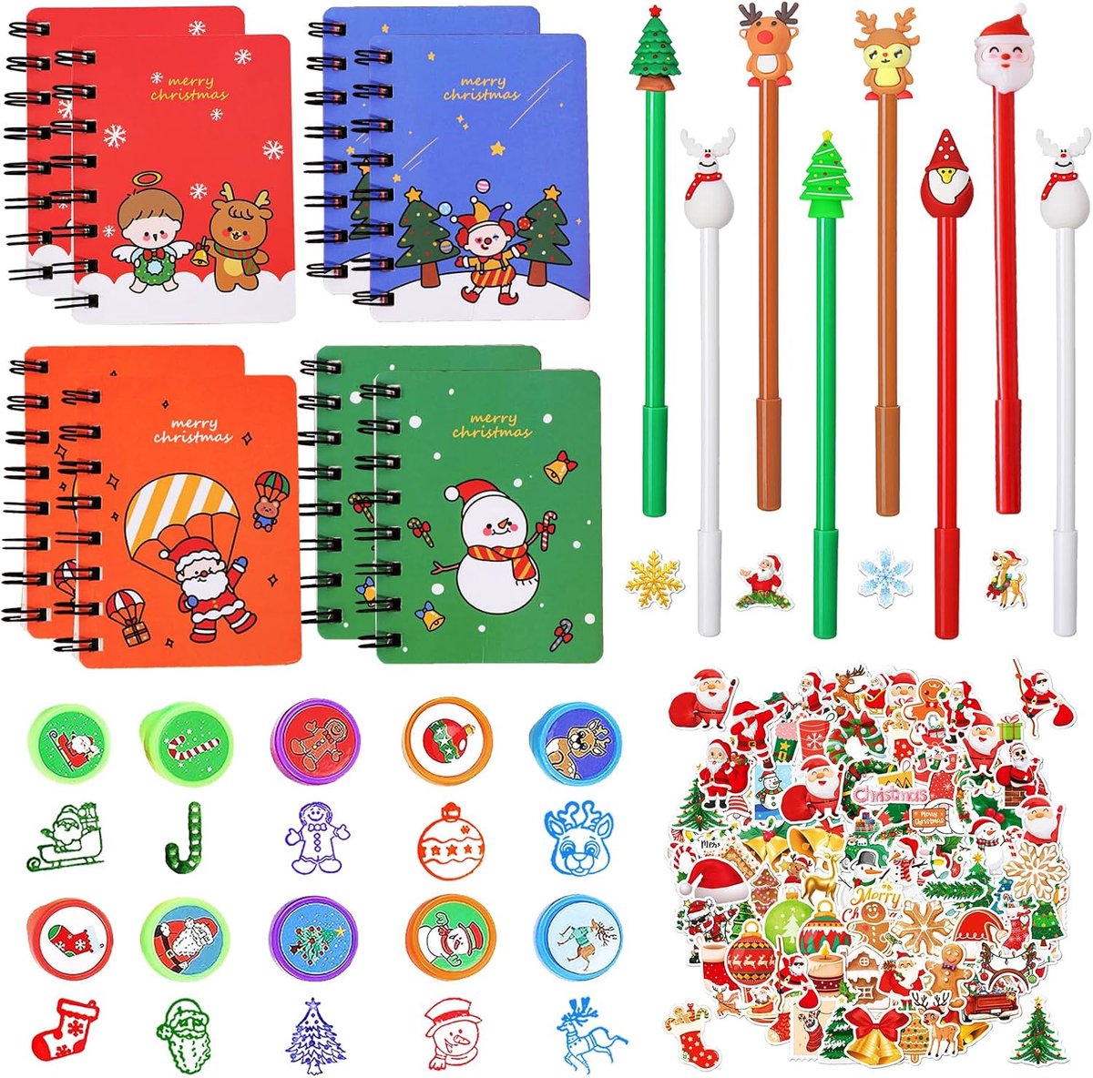 76 stuks kerstcadeautjes, kerstcadeau, cartoongelpen, spiraal, notitieblok, kinderstempel, stickers, kerstschrijfwaren, set voor kinderen, verjaardagscadeau