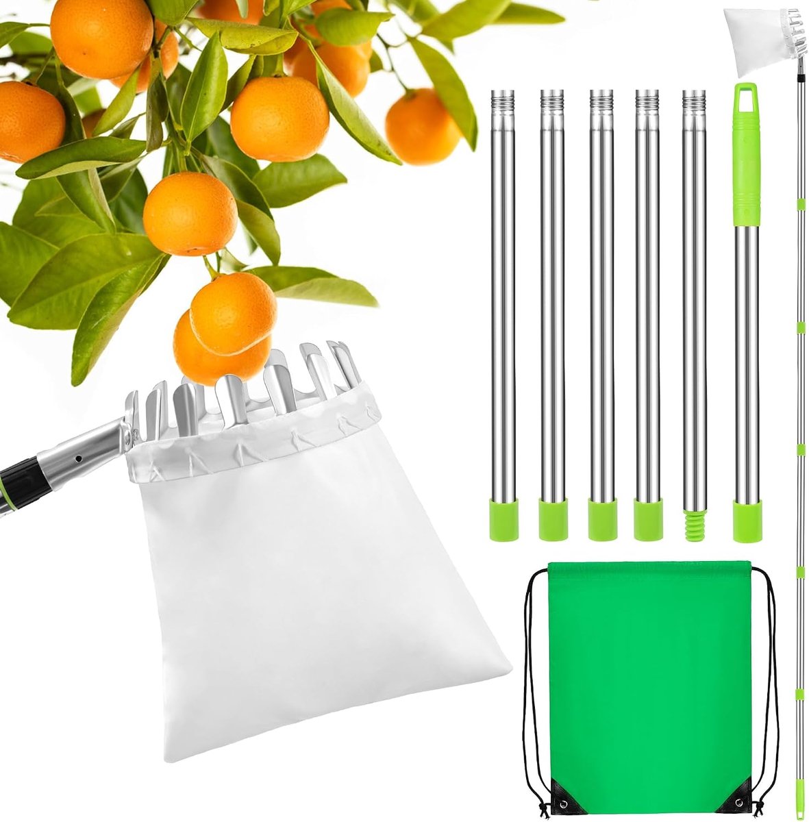 appelplukker, fruitplukker, gereedschap met lichte roestvrijstalen verbindingsstang en stoffen zak, eenvoudig te monteren voor de oogst van kersen, appel, citrus, peren, perzik
