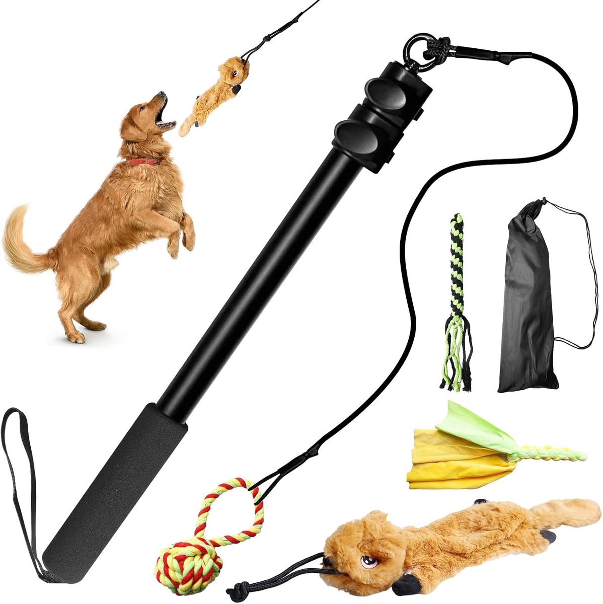 Angel Dogs: stimulatie-engel voor honden, verstelbare lengte, professionele hondenhengel voor kleine honden, middelgrote en grote honden, actief hondenspeelgoed met vervangend touw, voor