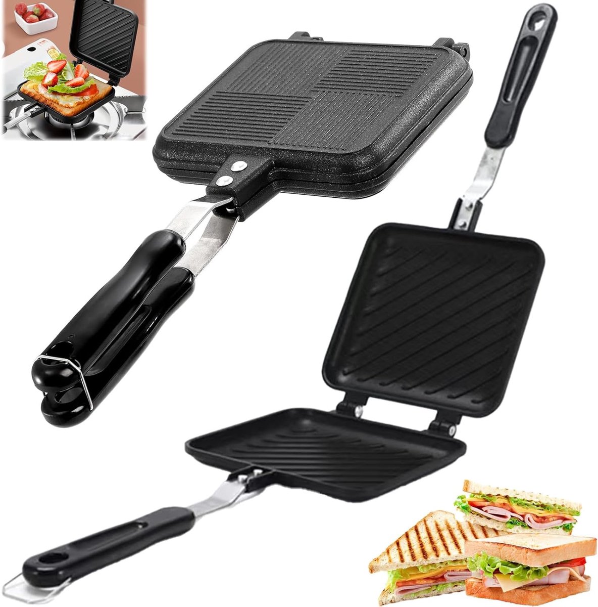 sandwichtoaster, anti-aanbaklaag, met hittebestendige handgrepen, draagbare sandwichplaat met platte bodem, multifunctionele broodrooster, ontbijtaccessoires, mini-keuken, voor camping
