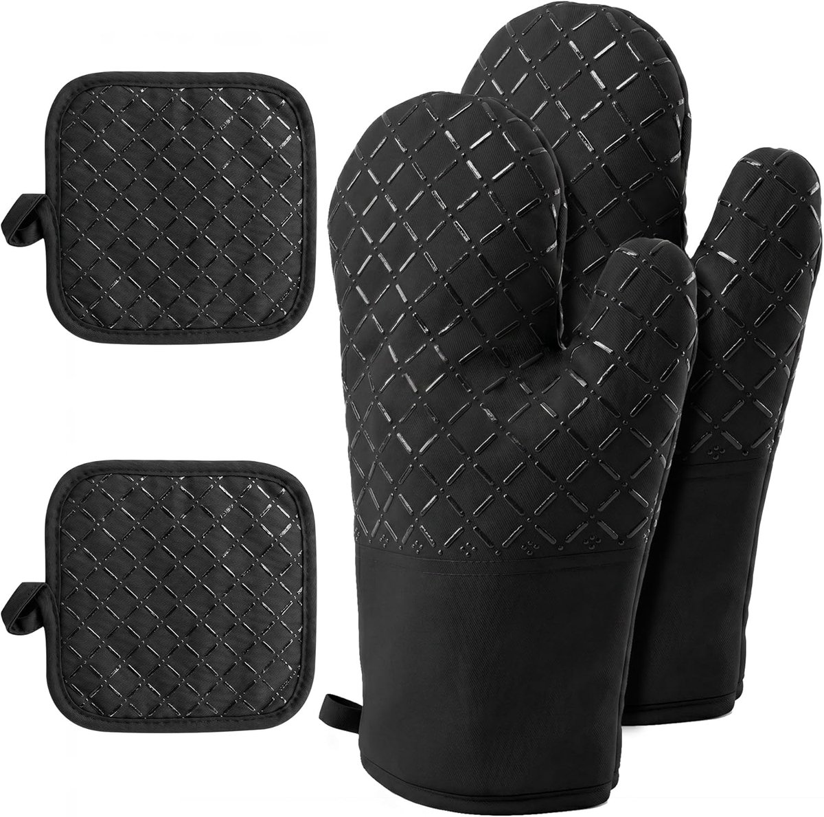 Ovenwanten en hittebestendige matset, hittebestendige antislip kookhandschoenen 4-delige set, hittebestendig tot 250 °C, geschikt voor koken, bakken en grillen
