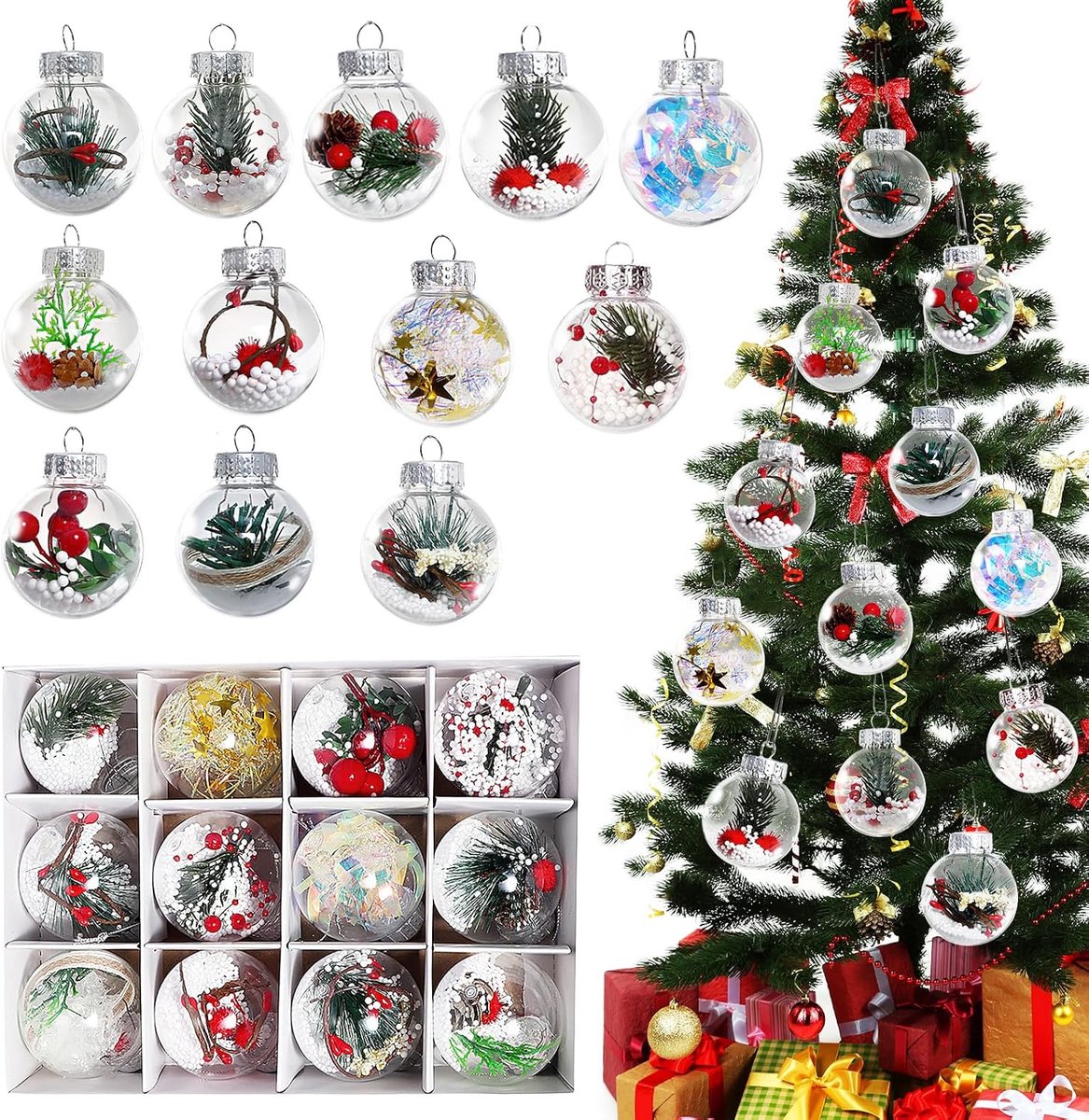 Kerstbal, FainFun set met 12 stuks kerstboomballen, kerstballen om te vullen, eenvoudig op te hangen, kerstboomversiering, herbruikbare kerstballen van kunststof (transparant)