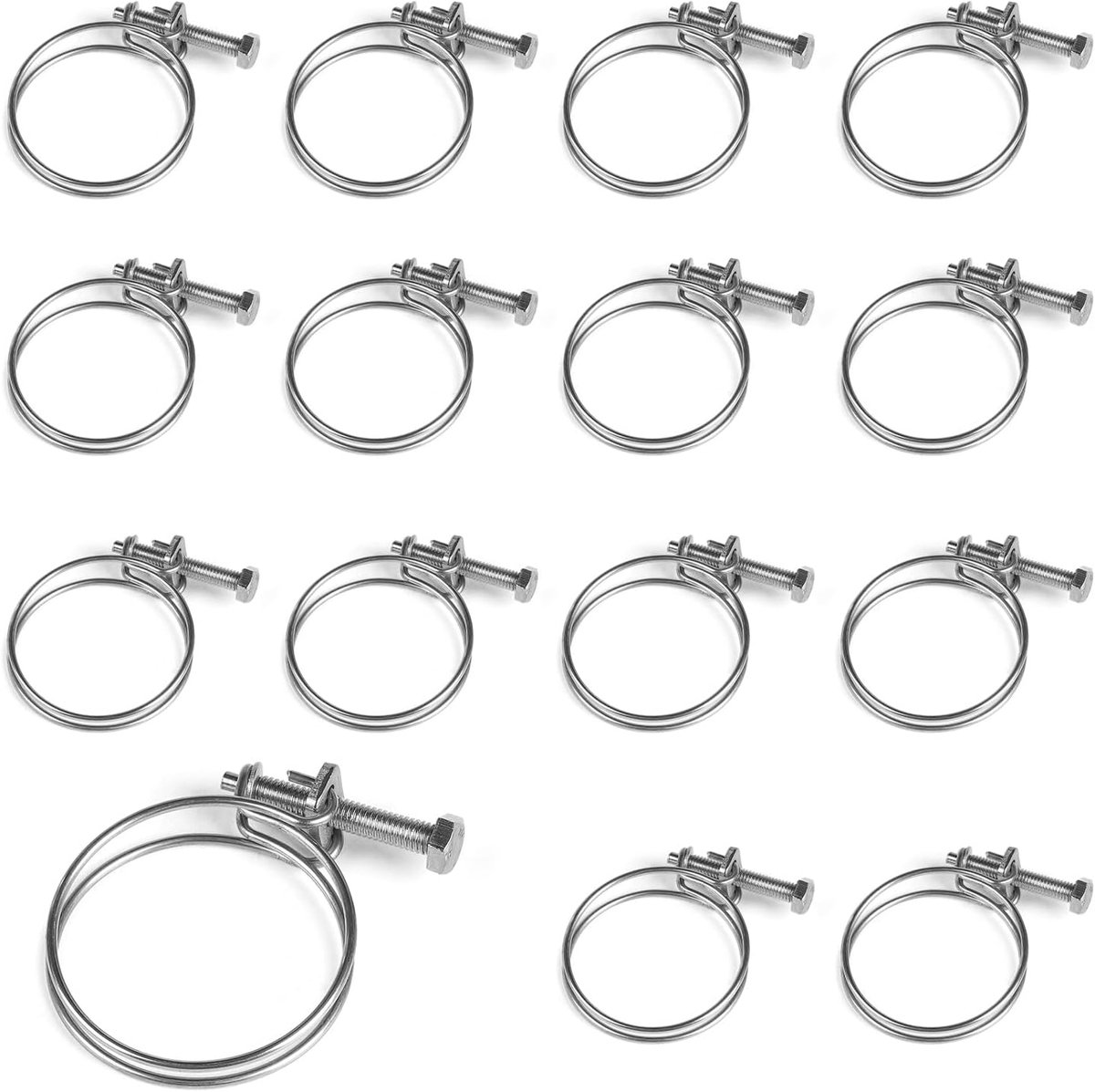 15 stuks dubbele draadslangklemmen, 45-50 mm, verstelbare draadslangklemmen van 201 roestvrij staal, dubbele draad, slangklemmen, draaddiameter 2 mm, voor waterpijp, tank, buisklemmen