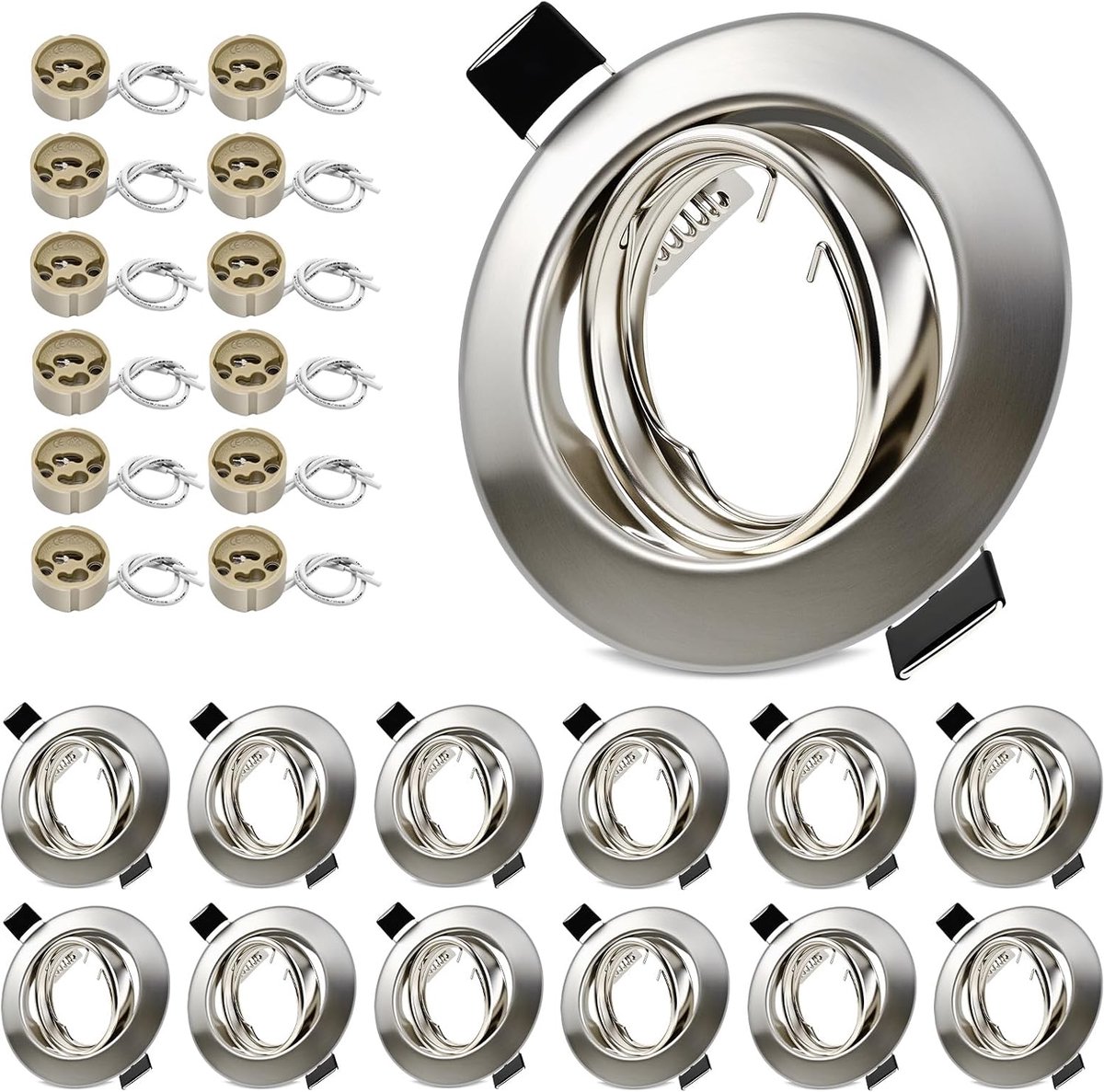 12x Inbouwspots GU10 Set - 12-delig Inbouwframes Nikkel incl. GU10-fitting - Draaibaar 30° - Boorgat Ø68-80mm - Ronde Metaal Frame Voor 50mm LED of Halogeen Lampen