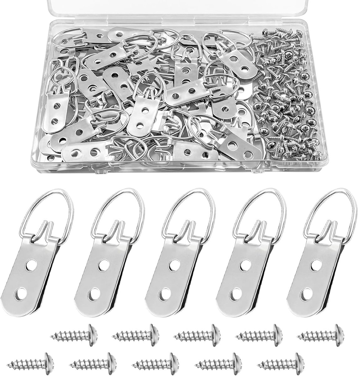 30 stuks D-ring-fotohaken met schroeven, zeer belastbare fotoophanging, fotohaken met twee gaten, gouden D-ringen (zilver-50 stuks)