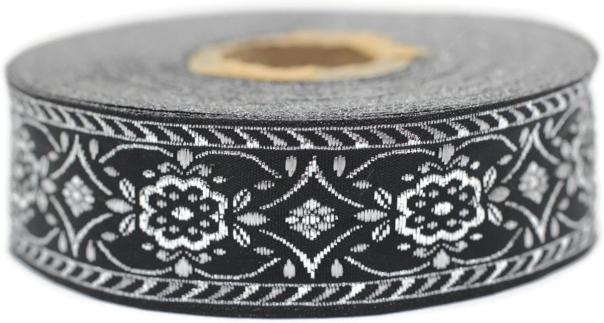 Jacquard lint metallic zilver en zwart - luxe elixer 10 m x 25 mm - rol borduurlint voor naaidecoratie 25948-V2