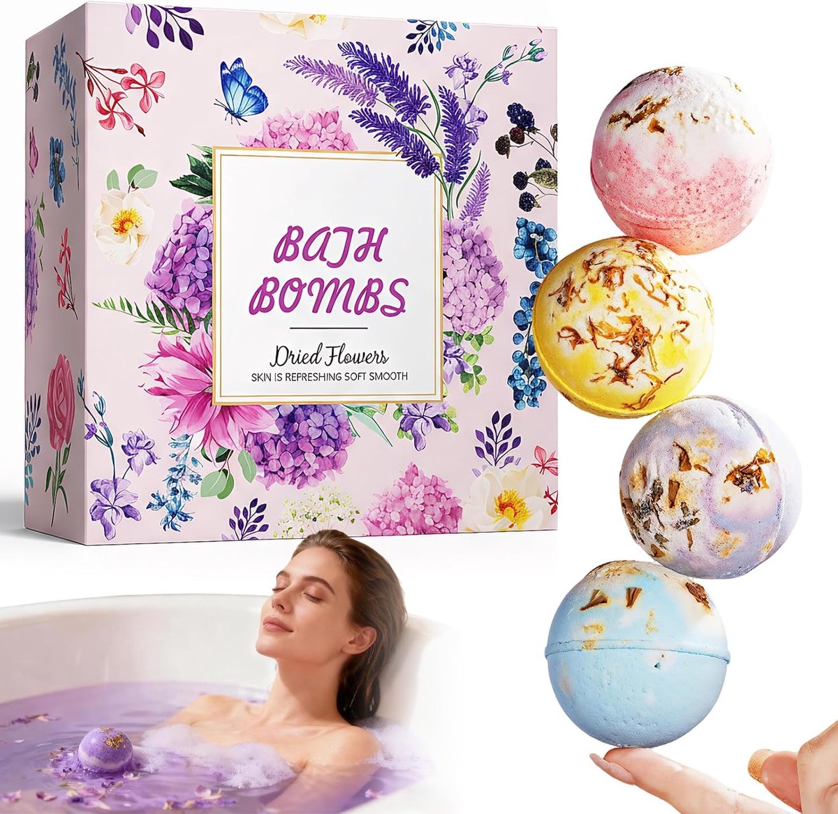 cadeauset van 4, badballen in doos als badtoevoeging, cadeau-idee voor verjaardagscadeaus