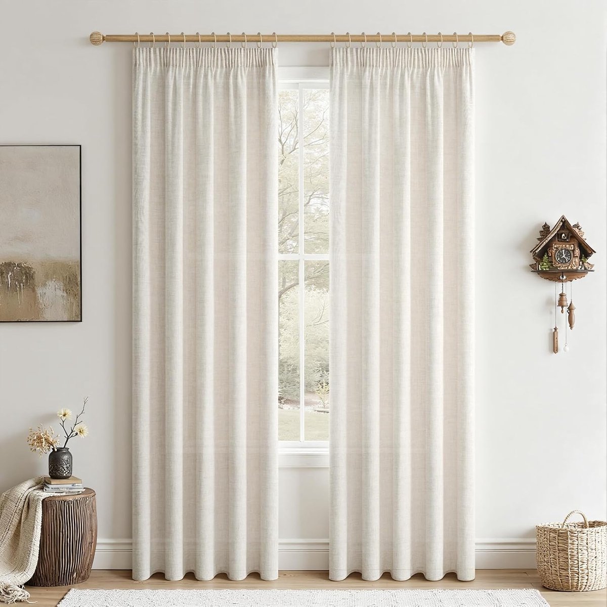 Gordijnen met plooiband, ivoorwit, 225 x 140 cm (h x b), linnenlook, kort, raam, woonkamer, gordijn, linnen, halftransparant, set van 2, gordijnen, ivoorwit, slaapkamer, keuken en kinderkamer