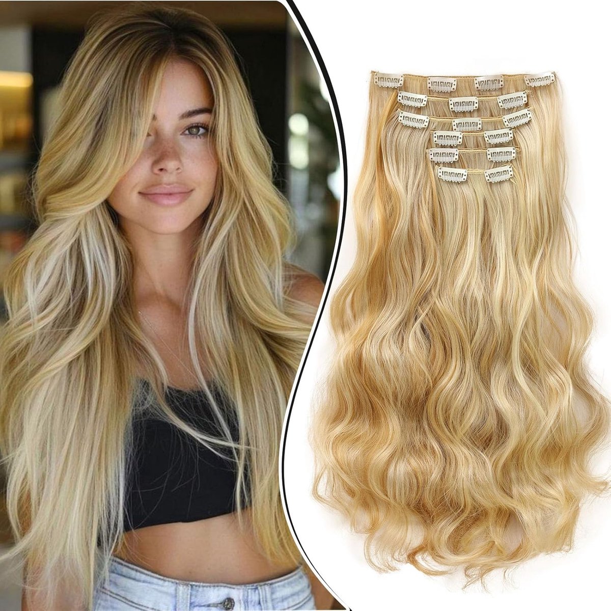 Clip in Extensions Haarverlenging Haar Deel Golvend 6 Stuks 52cm Haarverlengingen Clip in Haarverlenging Zoals Menselijk Haar Goedkope Synthetisch Krullen Lang, Donkerblond/Bleekblond