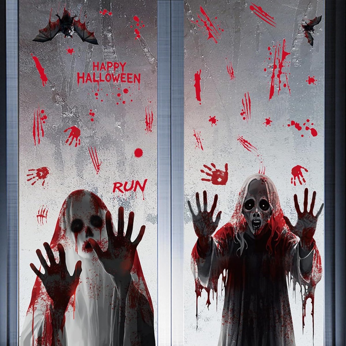Horror-decoratie voor Halloween, 2 sets bloedige raamstickers
