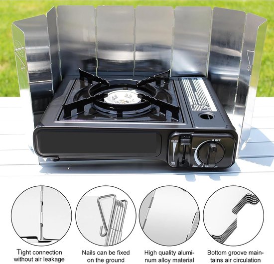Windscherm voor campingkooktoestel, opvouwbare aluminium windscherm, lichte opvouwbare windscherm, campingvoorruit, windscherm, voor outdoor grill, kachels, gasfornuis (16 platen) — afbeelding 2