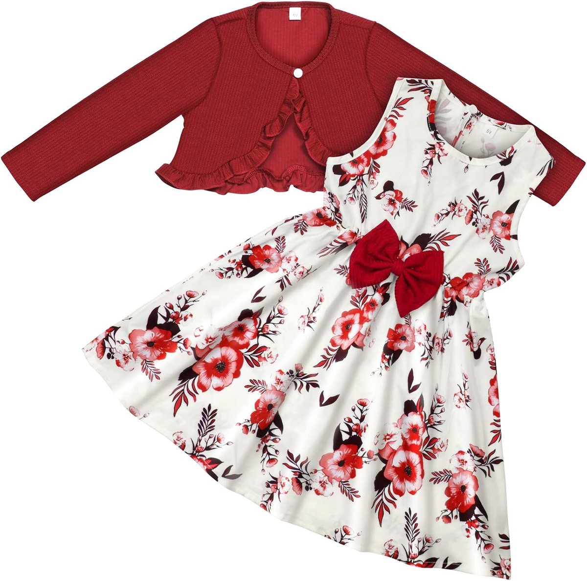 Jurk en vest voor babymeisjes, 2-delige mouwloze jurk met bloemenprint en jas met lange mouwen voor kleine meisjes, verjaardag, feest, bruiloft, vakantie