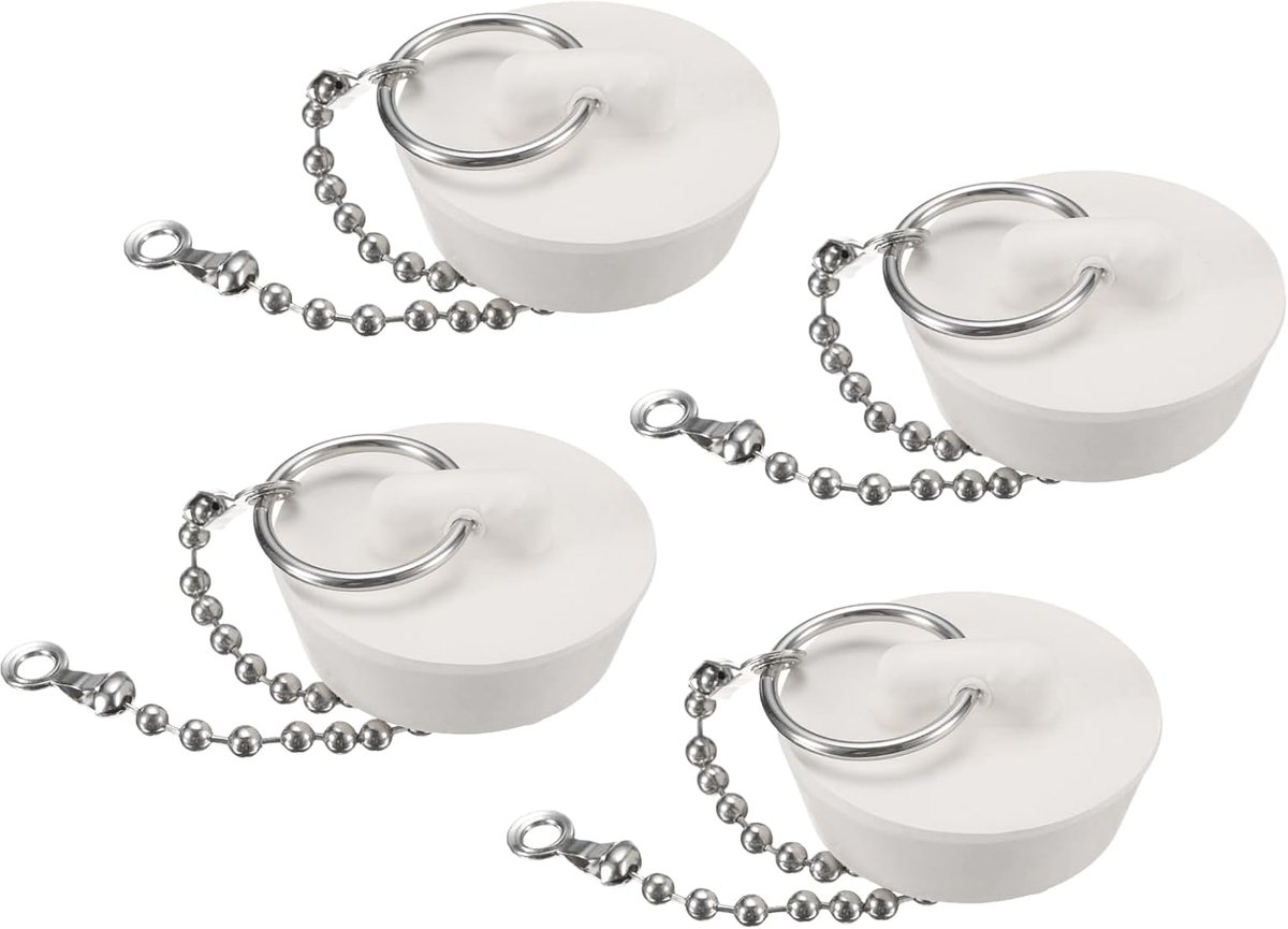 4 stuks rubberen sluitingen met ketting en hanger, badafvoerstop past voor 1 1/4 inch, rubberen spoelbakstop voor badkuip, keuken en badkamer, wit