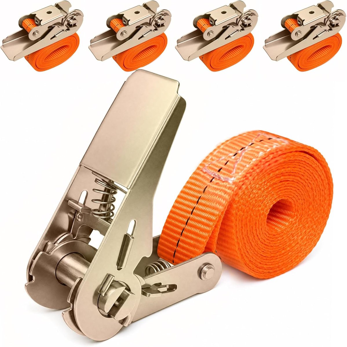 Spanbanden met ratel, 6 m x 25 mm, sjorbanden met ratel voor auto, steekwagen, motorfiets, bagage, camping, transport, belastbaarheid 800 kg, robuust en weerbestendig, 5 stuks, oranje, 2 m x 25 mm