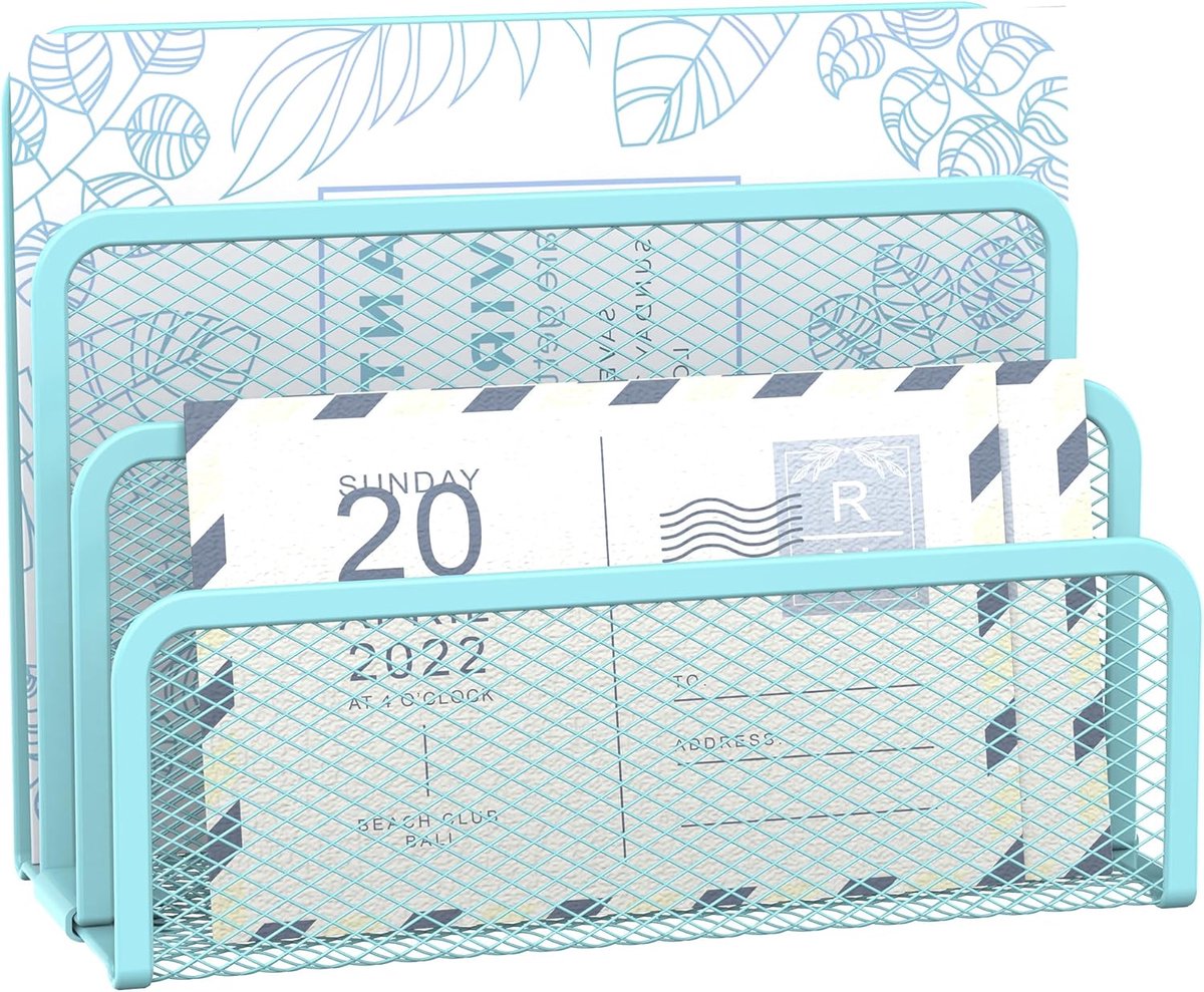 Mail-Organizer, bestandsorganizer voor desktop - container van metalen rooster, 3 sleuven, brievenmap - archief, enveloporganizer voor kantoor (blauw)