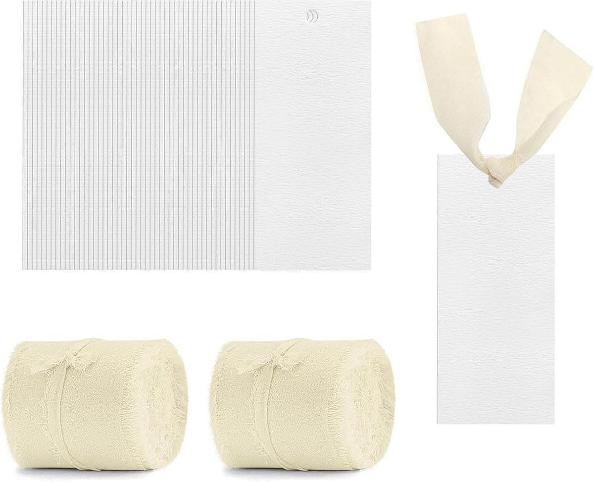 Set van 50 naamplaatskaarten voor tafelinstelling, blanco bruiloftsnaamkaarten met 2 rollen chiffonlint, gereserveerde zitborden, cadeaulabels voor dinerfeest, voedselbuffet, beige