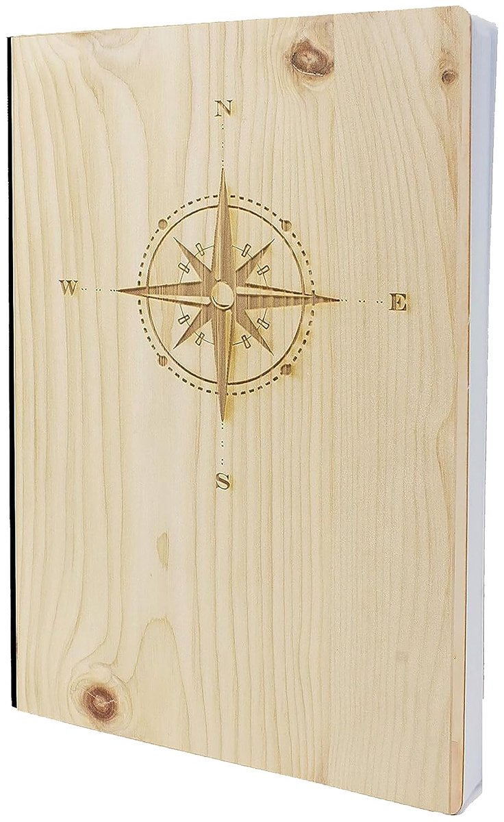 Notitieboek met houten omslag in A5-formaat, kompas, echt hout, notitieboek om in te schrijven, arvenhout, houten omslag, 192 blanco pagina's, 90 g