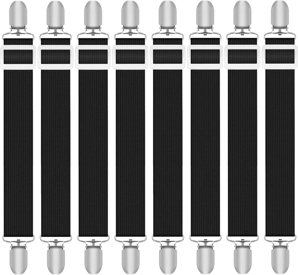 Lakenspanners, 8 stuks (30 cm-130 cm), lakens met metalen clips, elastieken voor beddengoed, matras, strijkplank of bank, verstelbare lakenspanner, zwart