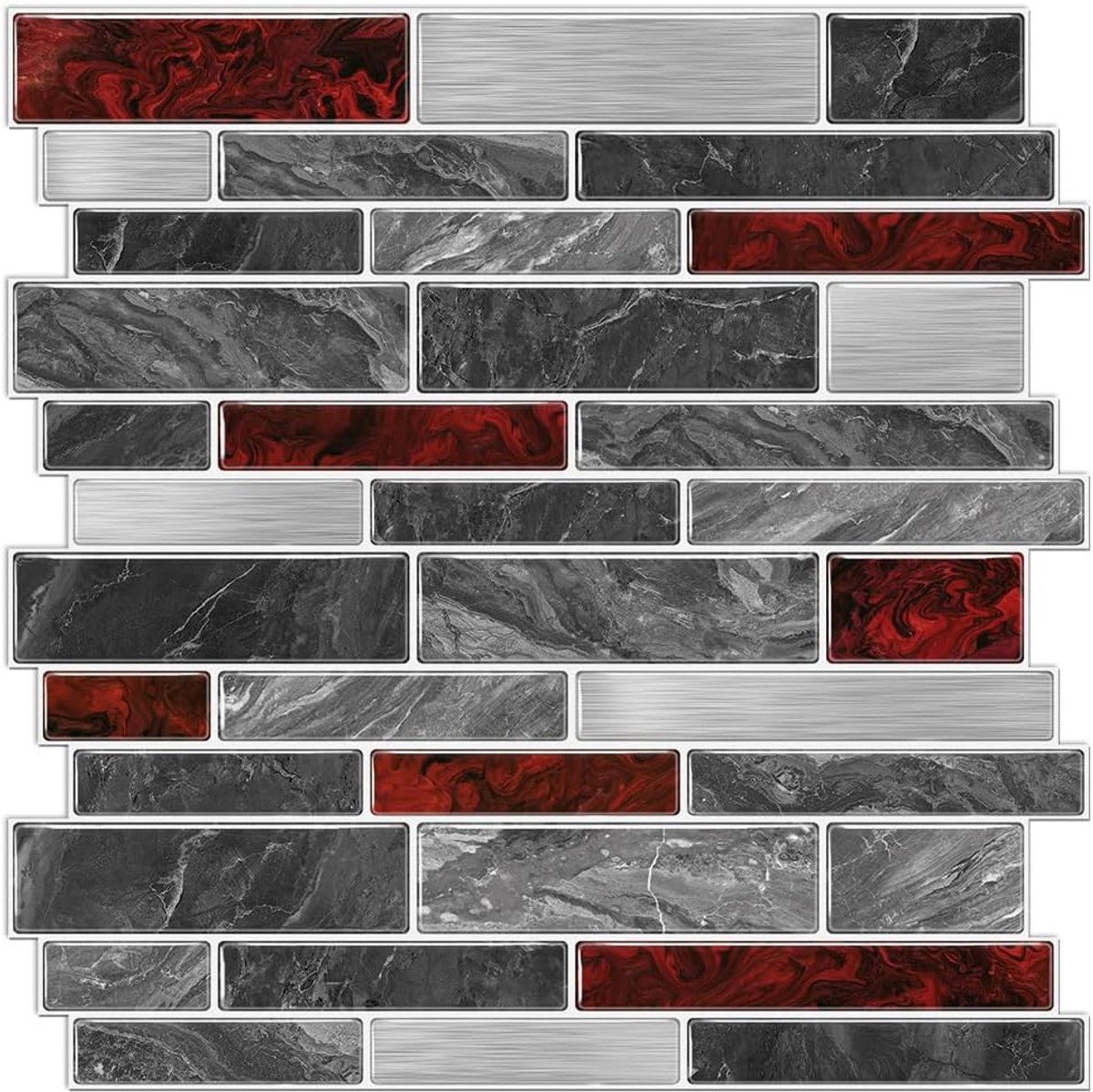 Tegelsticker, 12inch/30,5cm 10 stuks Zwart en Rood Marmereffect Zelfklevende Plak-op Tegels Transfer voor Badkamer Keuken, Backsplash, Peel and Stick Vinyl Tegels Sticker