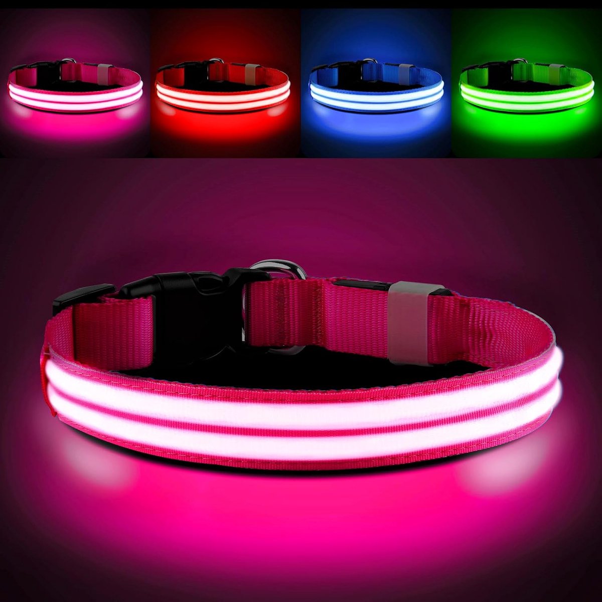 Lichthalsband voor honden, oplaadbaar, led-halsband voor honden, lichtgevend LED-halsband voor kleine, middelgrote en grote honden, lichthalsband voor honden, waterdicht, 3 lichtmodi, roze-L