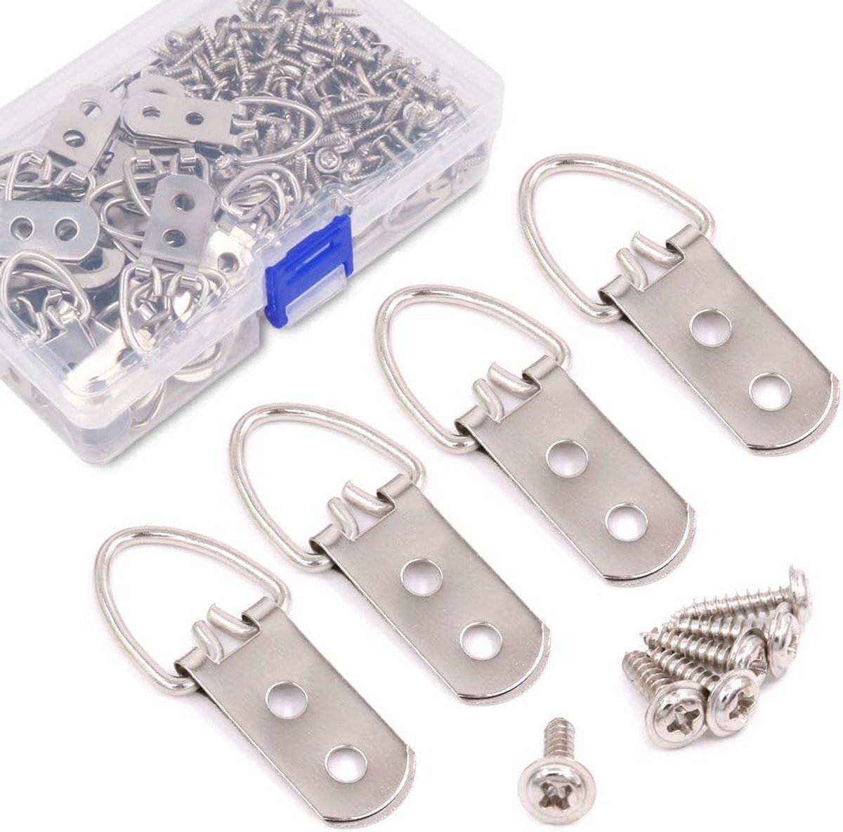 60 stuks Heavy Duty grote brede D-ring vormige spijkers zonder sporen fotolijst hangers dubbel gat met schroeven, voor huisdecoratie, fotolijst ophangen met transparante doos