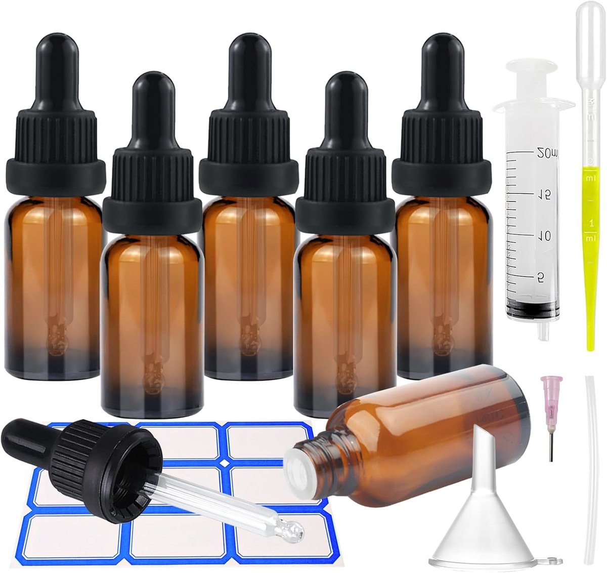 6 x 10 ml druppelflesjes, glazen druppelfles, lege glazen flessen met druppelaar, glazen druppelaar, pipetten en trechter, aromatherapie voor etherische oliën (bruin)