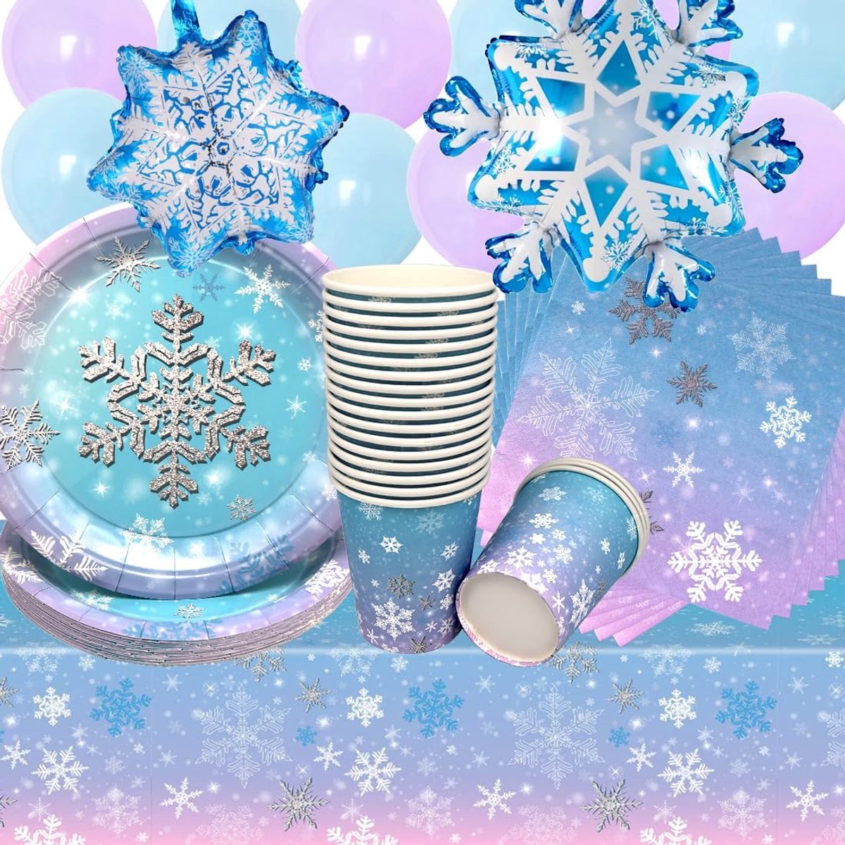 Sneeuwverjaardagsdecoratie, 75 stuks feestservies met thema sneeuwvlokken, verjaardagsfeestset, verjaardagsborden, bekers, servetten, ballonnen, verjaardag voor Nieuwjaar, feest, bruiloft