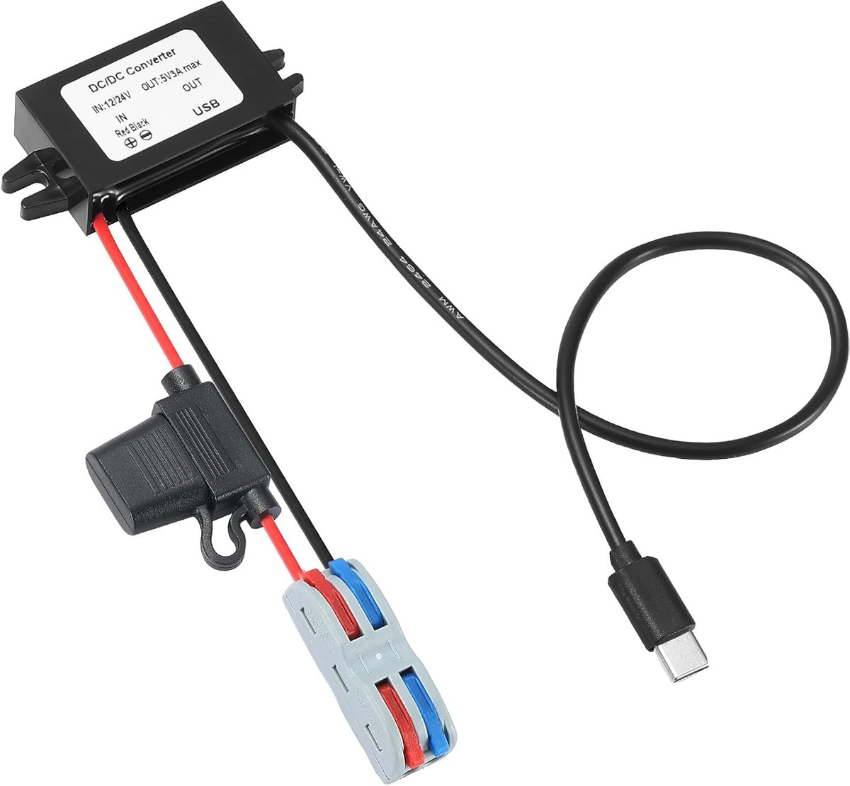 12V/24V naar 5V 3A USB-C Step-Down Converter | Waterdichte Spanningsomvormer DC 8-32V naar 5V Type-C Interface 15W Oplaadmodule, Geschikt voor Dashcams,CCTV,LED-verlichting