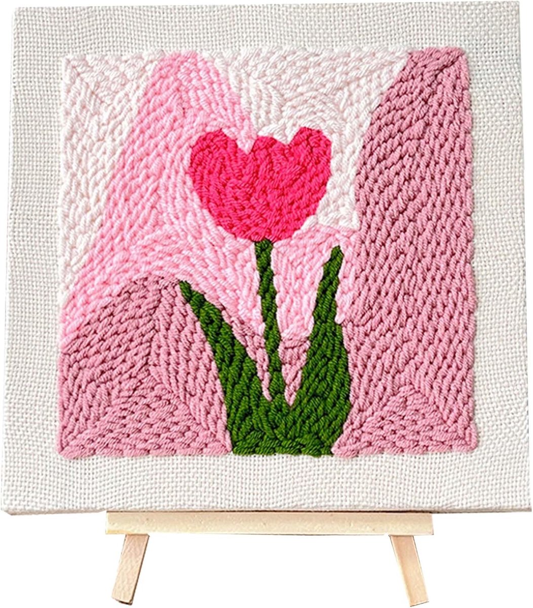Punch naald borduurset voor beginners, frame stansnaald borduurwerk starterkit, vierkante punch naald met bloemenpatroon, borduurframe, garens, stansnaald (roze tulp)