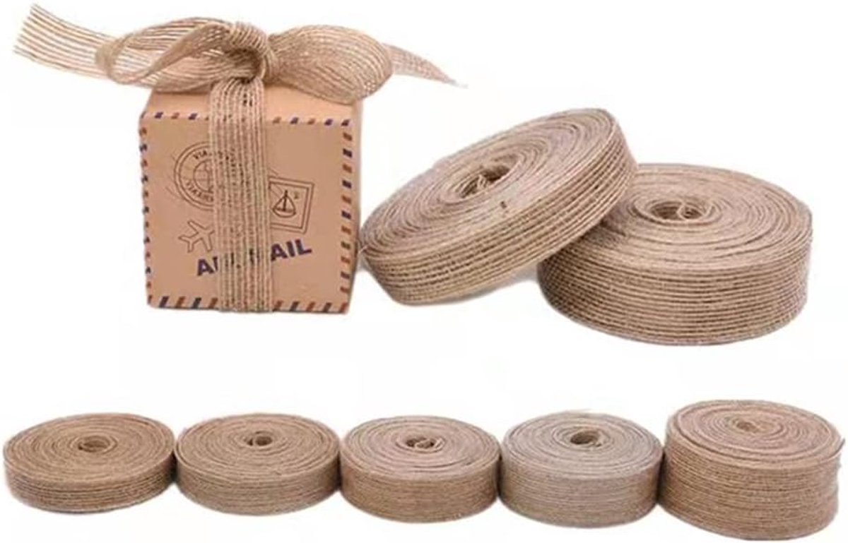 Hessische Lint 5 Rollen Jute jute Craft Lint 10 m 1,5 cm 2 cm 2,5 cm 3 cm 3,8 cm Jute jute Craft Lint voor Gebak Bloemen Stoelen Geschenkverpakking DIY Ambachten Bruiloft Party