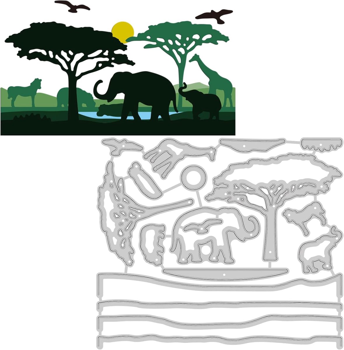 Stanssjablonen, wilde dieren, metalen snijsjablonen, olifant, giraf, boom, nijlpaard en vogels, stansvormen voor het maken van kaarten en doe-het-zelf scrapbooking decoratie