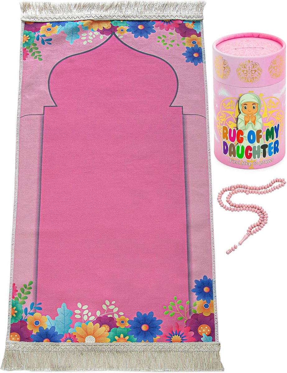 Online Kindergebedsmat, moslim gebedskleed, islamitische geschenken - zacht salah-mat tapijt voor reizen, Ramadan Eid cadeau - roze Kaaba
