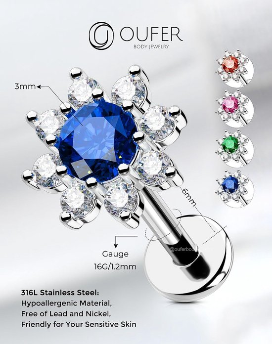 16G binnendraad helix piercing chirurgisch staal 316L bloem piercing tragus piercing conch 6mm piercing tragus CZ piercing oor helix dames — afbeelding 4