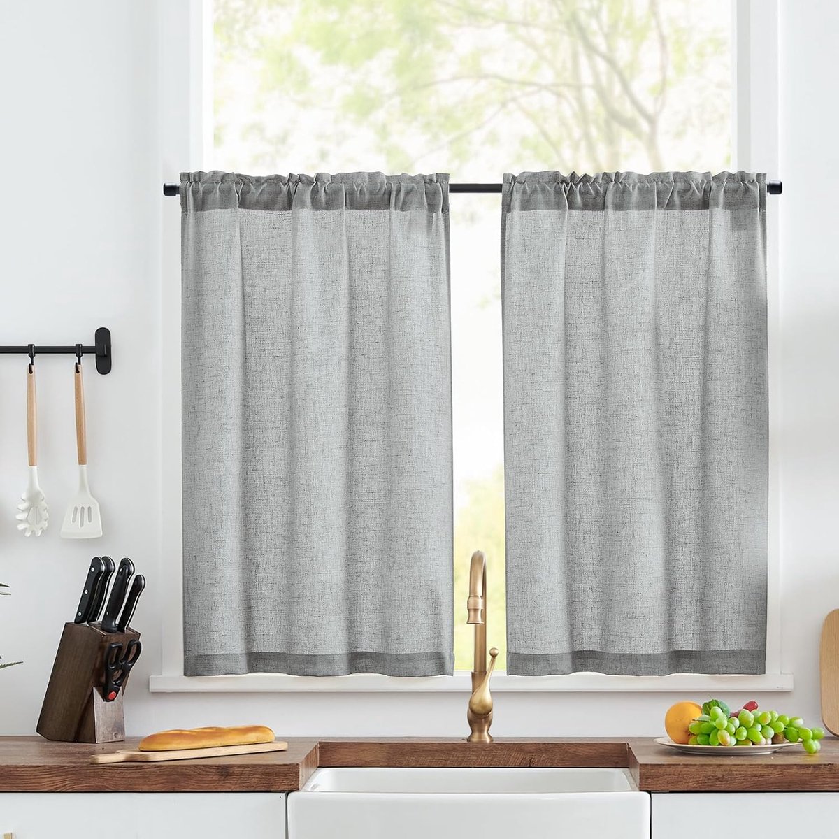 Vitrage, linnen bistrogordijn, halftransparant gordijn, blikdichte vitrage, gaas, sjaal, raamsjaal voor keuken, woonkamer, landelijke stijl, set van 2, 65 x 115 cm (b x h), wit