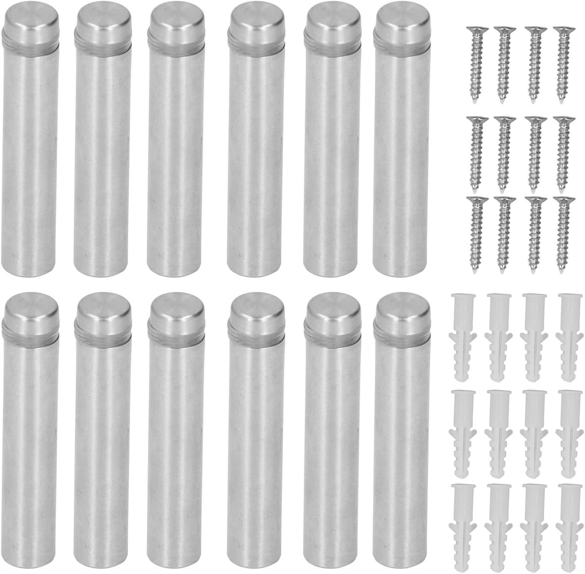 12 stuks schroefspijkers reclame, 12 x 60 mm afstandhouders voor glas van roestvrij staal, schroeven voor bordhouders, schroef, tekens, reclame, spijkers, hardware houders, schroeven