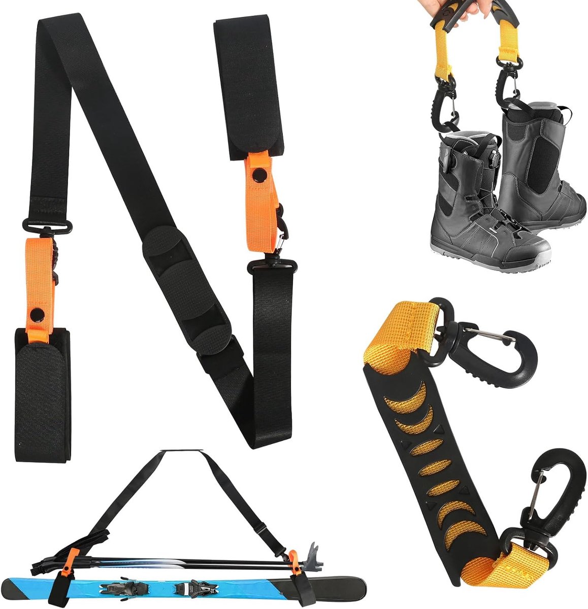 Draagriem, 2 stuks, ski-draaghulp, antislip skigriem voor ski's en stokken, verstelbare schouderbanden, accessoires voor laarzen en skistokken
