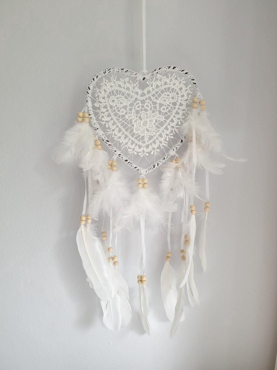Droomvanger - Indianen Decoratie - Hartvormige Kraaltjes & Veren - Wit