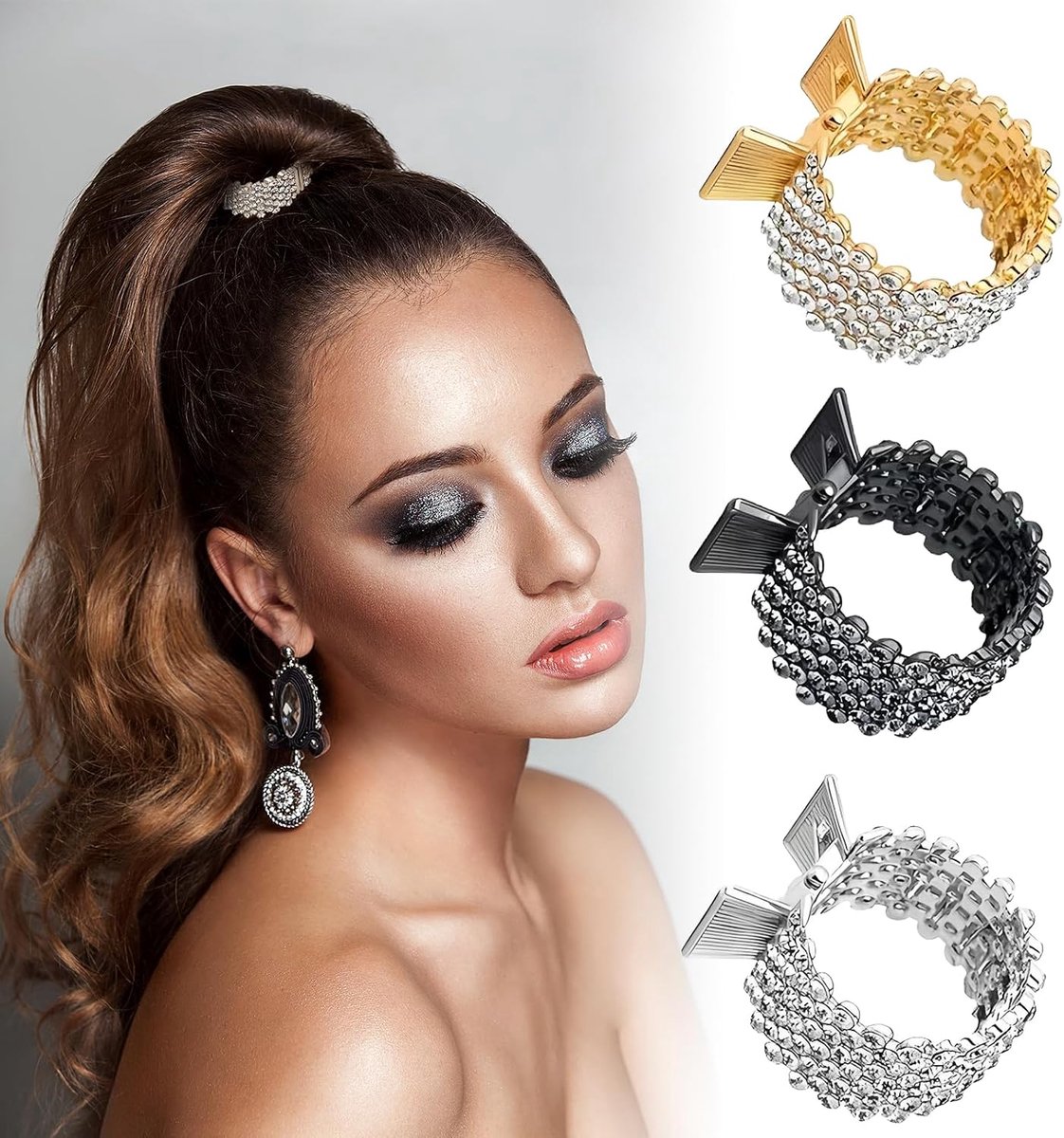 Haarspelden, 3 stuks, paardenstaartklemmen voor dames, paardenstaart, klauwclip, antislip haarspelden van metaal met strass, decoratieve haarspelden voor meisjes met dik haar