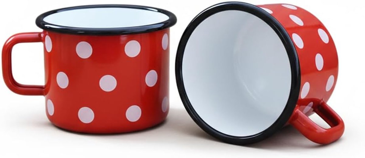 2 bekers van geëmailleerd metaal, rood met stippen, 500 ml