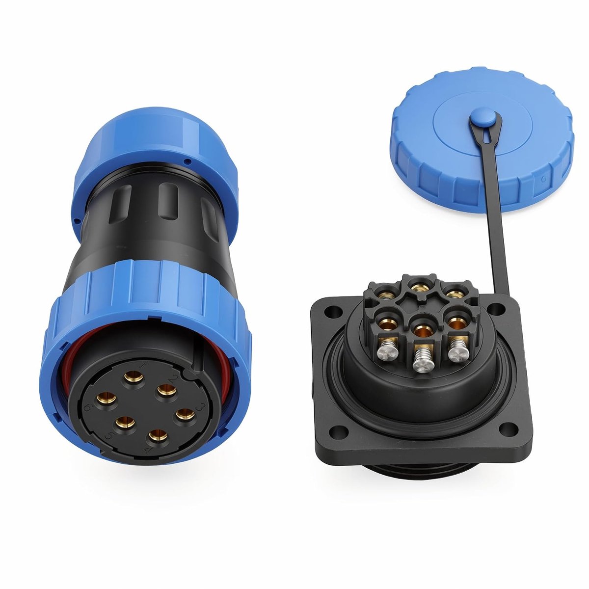 Soldeervrije mannelijke vrouwelijke IP68 waterdichte connector 2-9 pins voeding elektrische schroef-krimpkabelconnectoren (vierkant omgekeerd, 6-pins 25A)