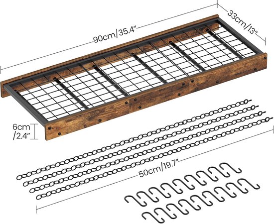 Hangende pottenrek, aan het plafond wandmontage pannenrek voor keuken, pannenhanger in industriële stijl met 18 haken, opbergorganizer voor kookgerei voor potten en pannen, rustiek bruin en — afbeelding 4