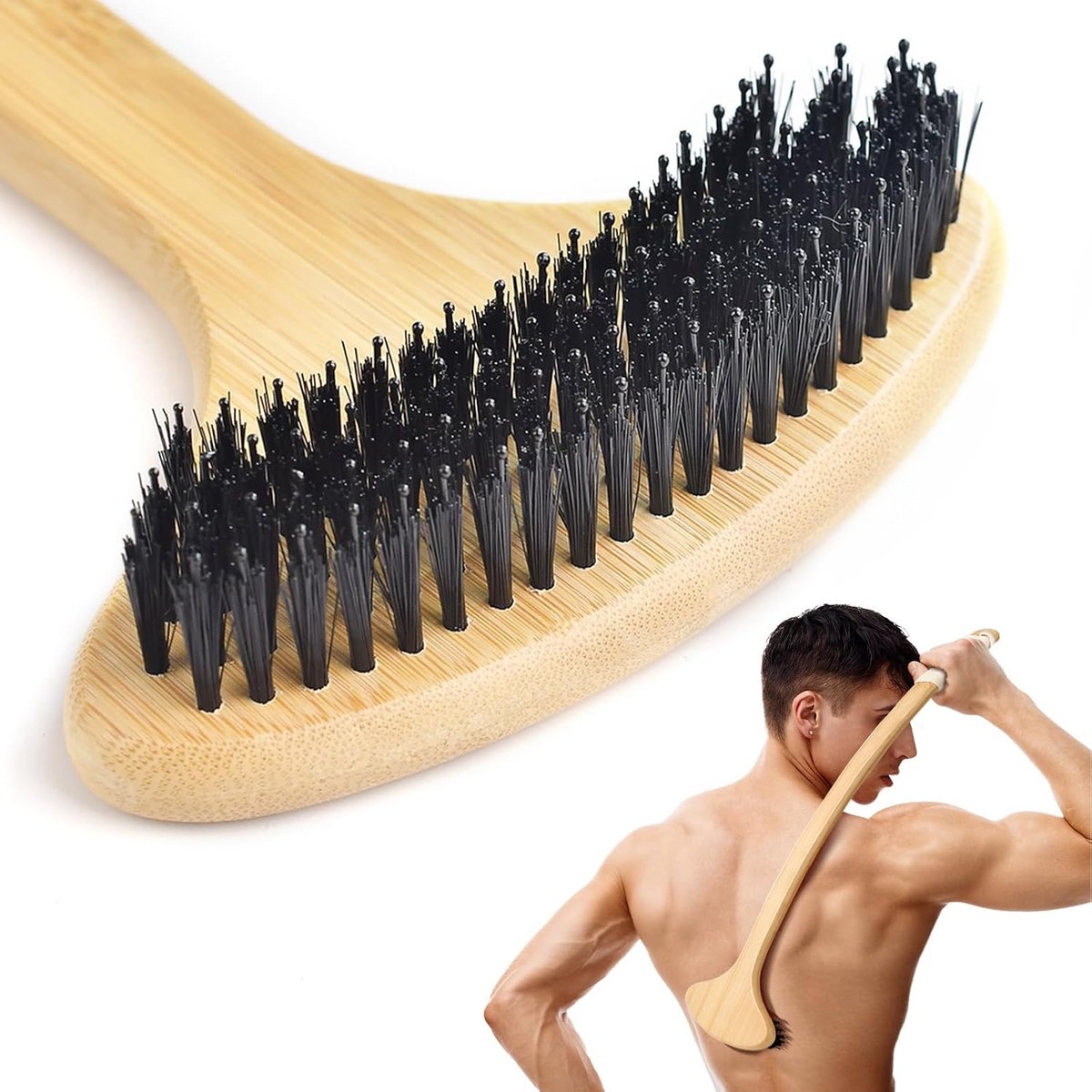 22 inch extra lange houten rugkrabber, natuurlijke bamboe rugkrabber voor mannen en vrouwen, jeukverlichting arbeidsbesparende gebogen lichaamsborstel, brede borstelkop met ronde kralen,