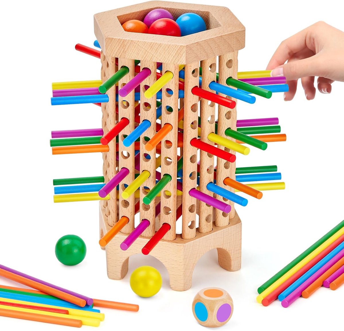 Bordspellen vanaf 3, 4, 5 jaar, 36 stuks kleurrijke staven, dobbelspel, fijne motoriek, houten speelgoed, educatief speelgoed, pedagogisch kinderspel, familiespel, reisspel voor