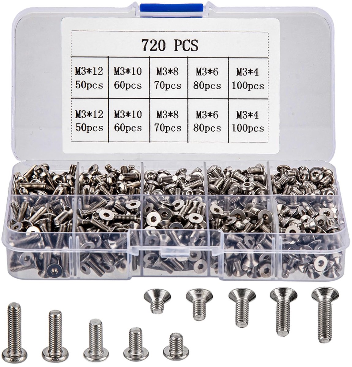 720 stuks M3 roestvrijstalen binnenzeskantschroeven, verzonken kopschroeven, platte kopschroeven voor 3D-printers, metrische machine, 4 mm/6 mm/8 mm/10 mm/12 mm