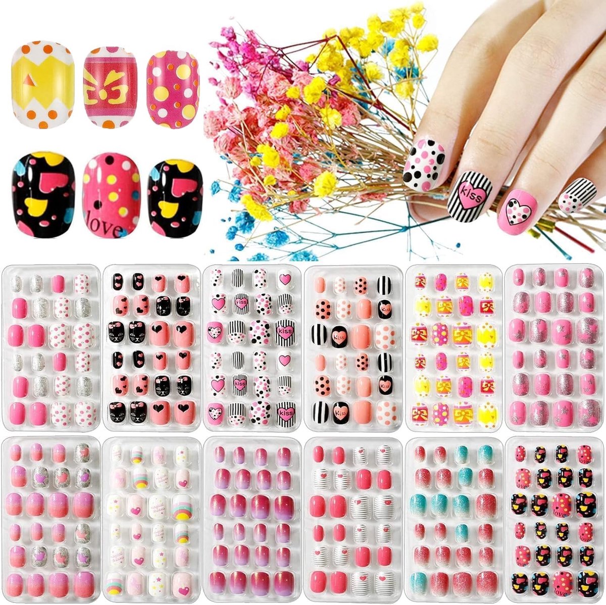 12 dozen Kinderen valse nagels, Druk op Pre-Glue Full Cover Valse nagels met 2 STUKS dubbelzijdige lijm Nagelstickers Exquise cadeaus voor meisjes