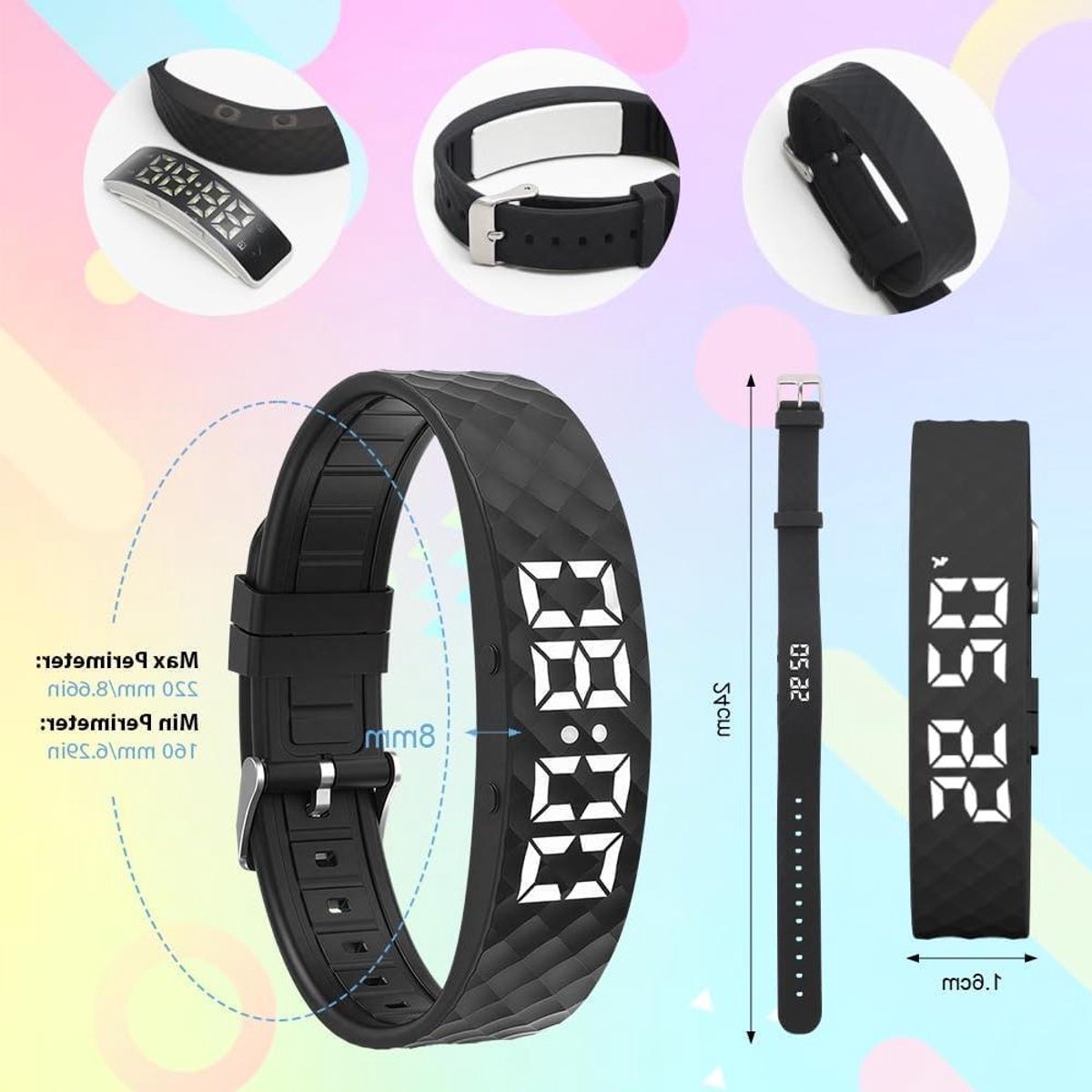 Trilalarm Armband - Draagbare Wekker - Diepe Slapers - Meerdere Alarmen - 9mm Wijzerplaat - Zwart