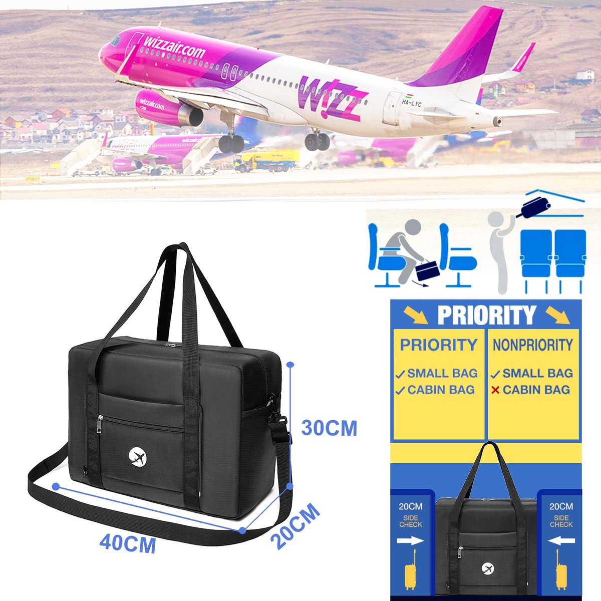 SnelShoppen - Reistas Handbagage Wizzair 40x30x20, 25L Opvouwbare Waterdichte Weekendtas Sporttas Koffertas Lichtgewicht Dames Heren