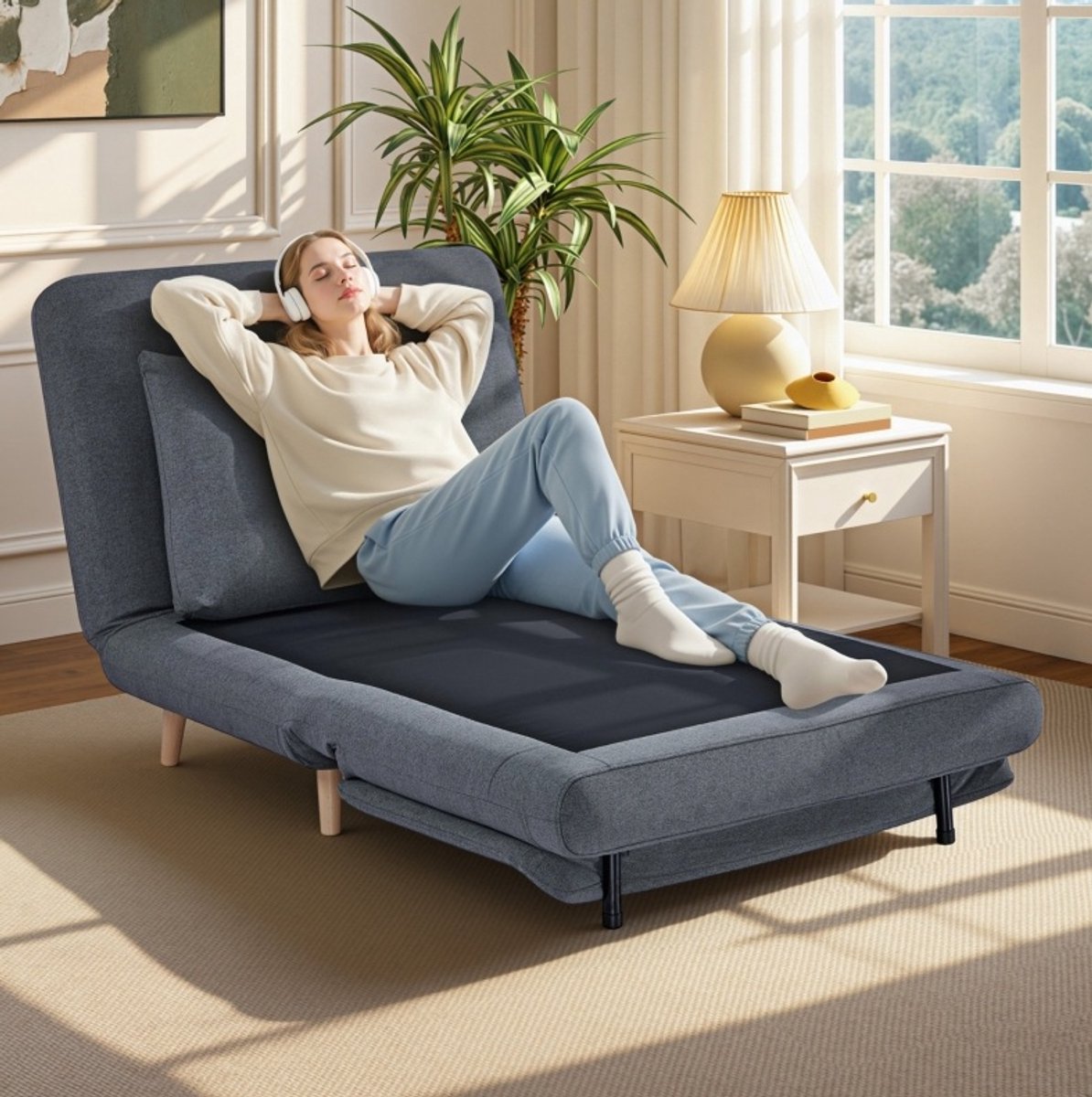 OKWISH Chaise Longue 3 in 1 - Verstelbare Rugleuning en Slaapfunctie - Voor Woonkamer, Logeerkamer en Thuiskantoor - Stof - Grijs