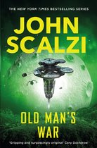 Boekomslag van "Old Man's War" van John Scalzi. Een futuristisch ruimtestation zweeft voor een groene maan, met kleine ruimteschepen in de buurt. De tekst "The New York Times Bestselling Series", "John Scalzi" en "Old Man's War" is zichtbaar.